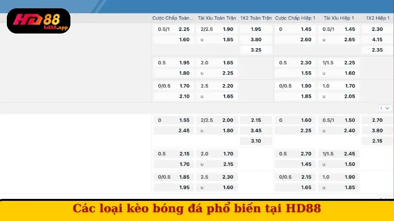 Các loại kèo bóng đá phổ biến tại HD88