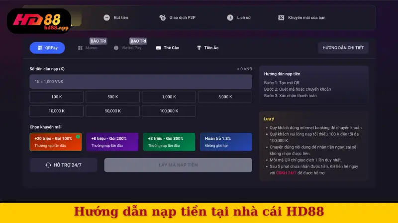 Hướng dẫn nạp tiền tại nhà cái HD88