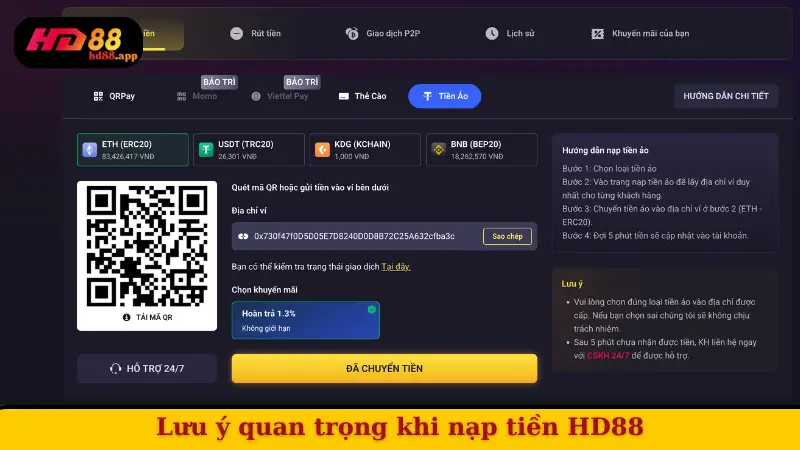 Lưu ý quan trọng khi nạp tiền HD88